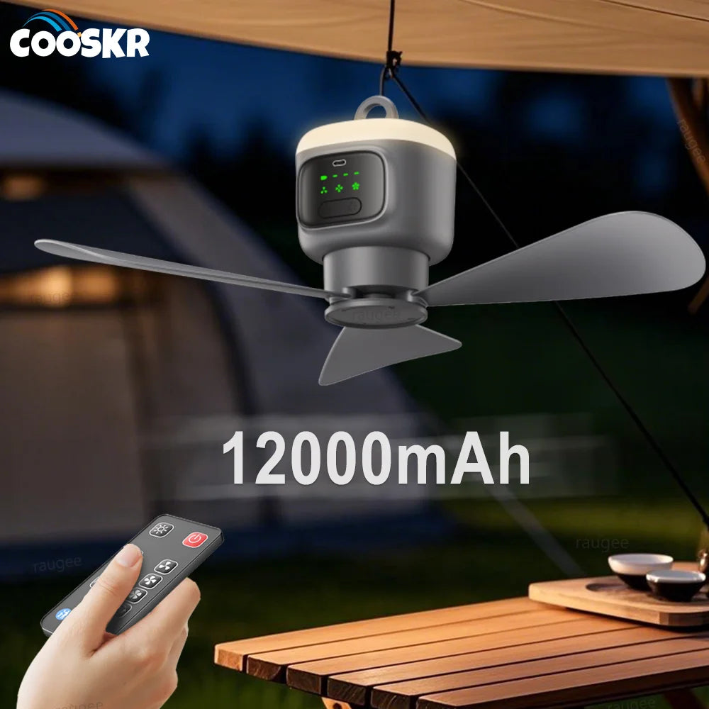12000mAh Portable Ceiling Fans Outdoor Camping Fan Tent Air Circulator Cooler Rechargeable Electric Fan Remote Control LED Light Techelectronicx