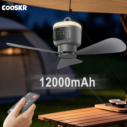 12000mAh Portable Ceiling Fans Outdoor Camping Fan Tent Air Circulator Cooler Rechargeable Electric Fan Remote Control LED Light Techelectronicx