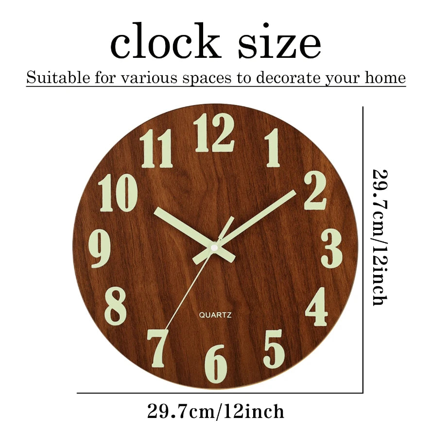 12 Inch Wooden Wall Clock with Soft Glow Night Light Nordic Fashion Silent NonTicking for Bedroom Techelectronicx