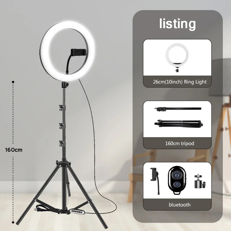 10" 26cm LED Selfie Ring Light Photography Video Light RingLight Phone Stand Tripod Fill Light Dimmable Lamp Trepied Streaming Techelectronicx
