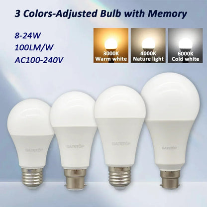 1-20pcs LED 3 Color Adjusted 3CCT（3000K 4000K 6000K）Bulb AC110V 220V E27 B22 Base Light Bulb  Memory Function Color Temp Reset Techelectronicx