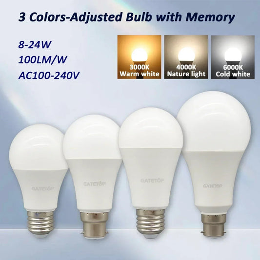 1-20pcs LED 3 Color Adjusted 3CCT（3000K 4000K 6000K）Bulb AC110V 220V E27 B22 Base Light Bulb  Memory Function Color Temp Reset Techelectronicx