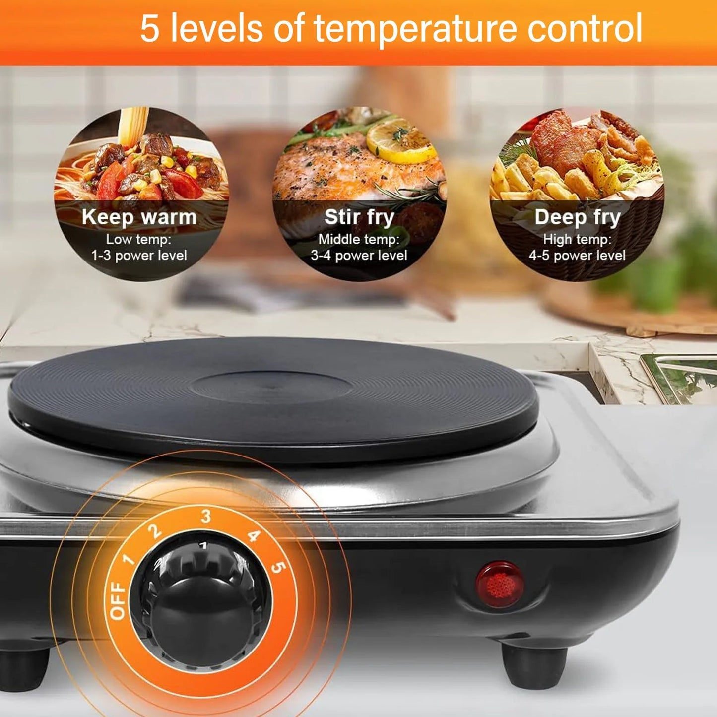 1000W Electric Countertop Single Burner 5 Level Temperature Control Hot Plate for Cooking Stainless Steel Base 220V Techelectronicx