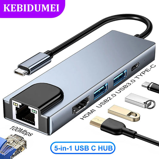 5Ports USB C Docking Station Type C to HDMI 4K/RJ45 100M Splitter USB 3.0 5Gbps High Speed USB C HUB Adapter For Laptop Macbook Techelectronicx