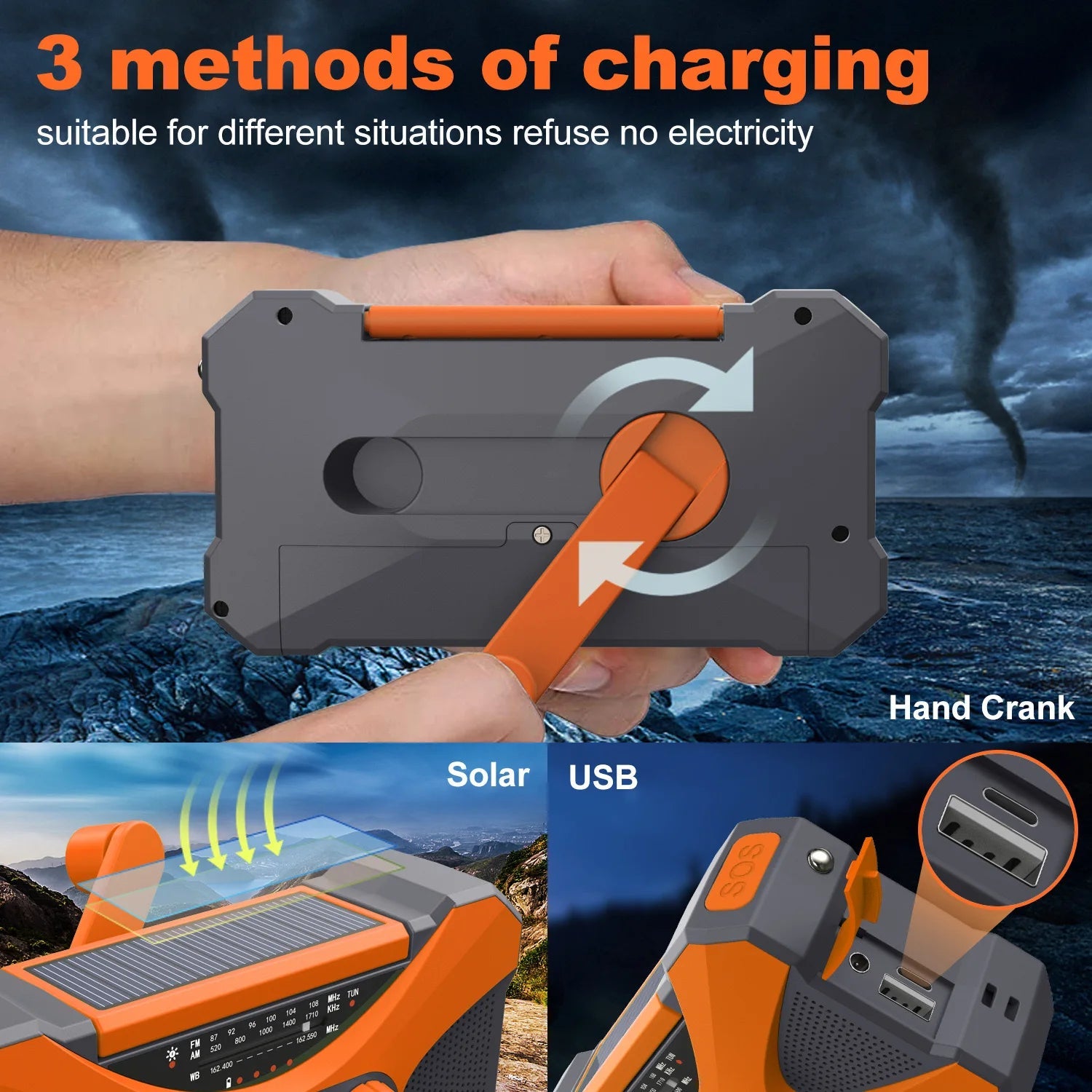 10000mAh Multifunctional Radio Hand Crank Solar USB Charging FM AM WB NOAA Weather Radio Emergency LED Flashlight Torch Power Techelectronicx