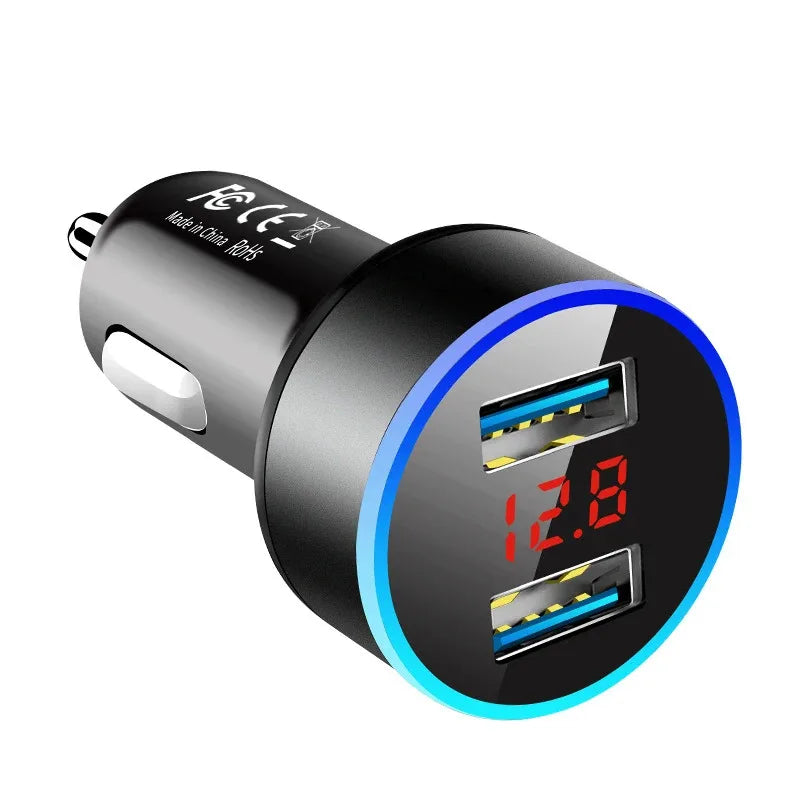 1/2pcs Car Charger, Cigarette Lighter, Smartphone Adapter, Phone Charger, Dual USB Digital Display, Voltmeter, Fast Charging Techelectronicx