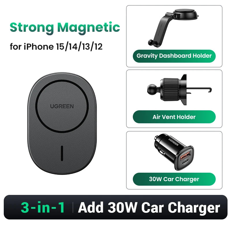 【Ship from Saudi Arabia】UGREEN Magnetic Car Phone Holder Stand 7.5W Wireless Charger For iPhone 16 15 14 13 12 Pro Max Charging - TechElect