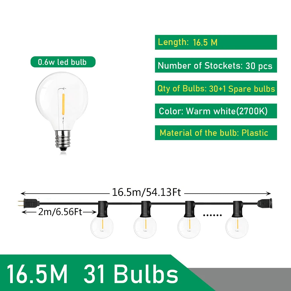 110V/220V Outdoor String Lights LED G40 Festoon Fairy Patio Garland Lamp Wedding Street Camping Garden Party Decoration Lights TechElect