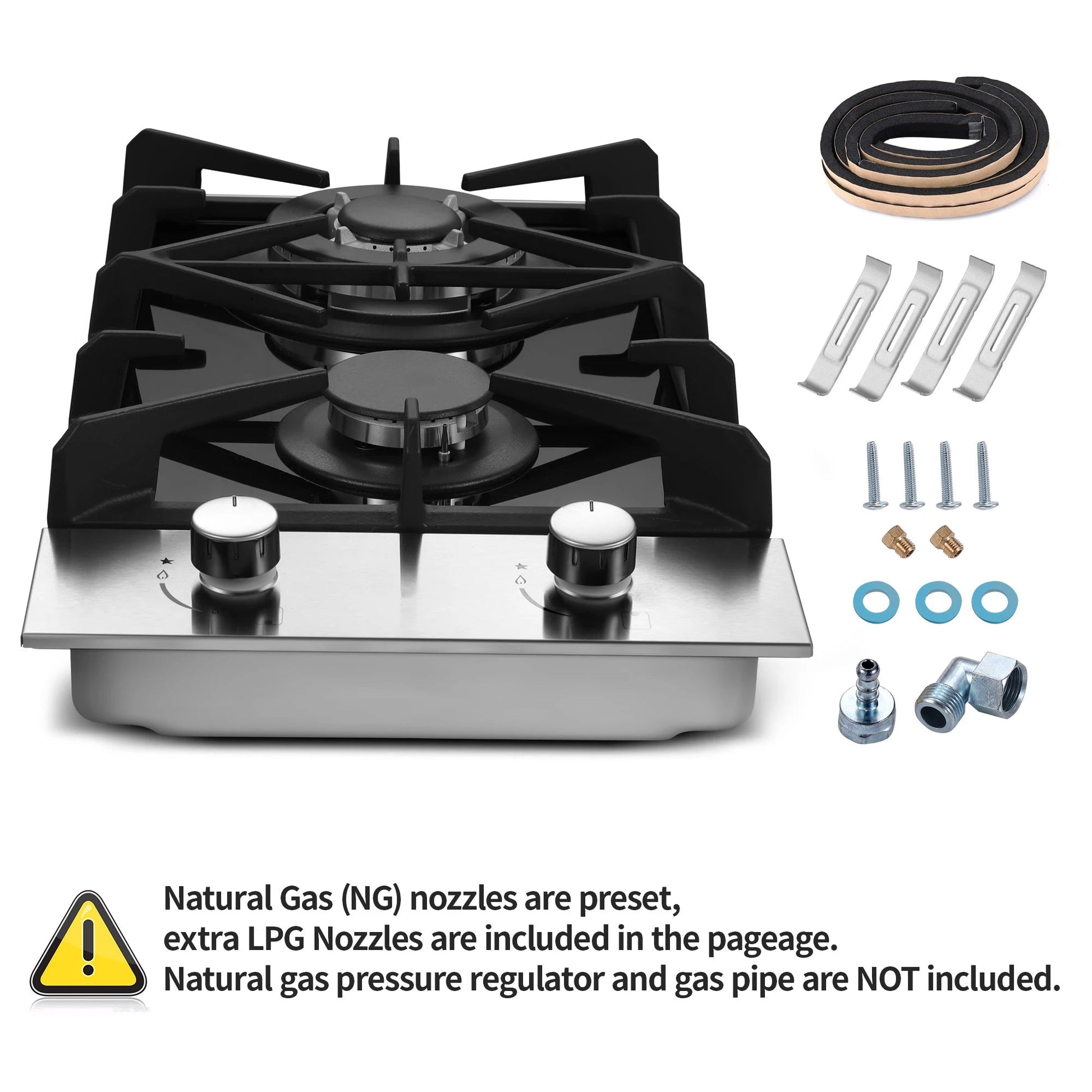 12 Inch 2-Burner Dual Fuel LPG/NG Gas Stove | Built-in for RV Outdoor & Apartment | Thermocouple Protection Tempered Black Glass Techelectronicx