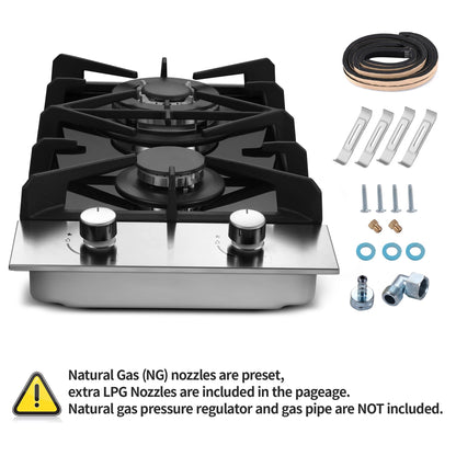 12 Inch 2-Burner Dual Fuel LPG/NG Gas Stove | Built-in for RV Outdoor & Apartment | Thermocouple Protection Tempered Black Glass Techelectronicx