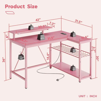 "pink gaming desk with power outlets and led lighting, compact 42" desk with reversible shelves, l-shaped desk with headset hold TechElect