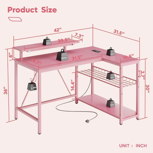 "pink gaming desk with power outlets and led lighting, compact 42" desk with reversible shelves, l-shaped desk with headset hold TechElect