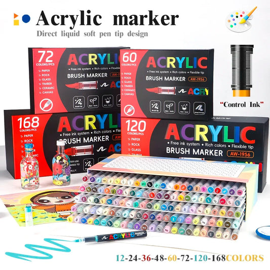 12-168 Colors Acrylic Paint Pen Marker Brush Tip Paint Marker For Rock Painting Wood Canvas Stone Christmas Gift DIY Craft Techelectronicx