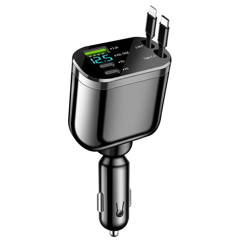 120/90/66W Car Charger Car Super Fast Charge Flash Charging, Telescopic Cable 4 in 1 Car Charger 2 USB Ports Adapter Compatible Techelectronicx