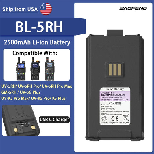100% Original Baofeng UV-5RH Pro Max Battery GM-5RH Li-ion Battery USB-C Charger BF-K5 Plus UV-5GPlus Walklie Talkie Rechargable Techelectronicx