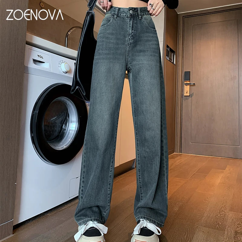 ZOENOVA Women's Streetwear Casual Baggy Jeans Korean Version Spring Fashion High Waist Wide Leg Pants Lady Work Denim Trousers Techtronicx