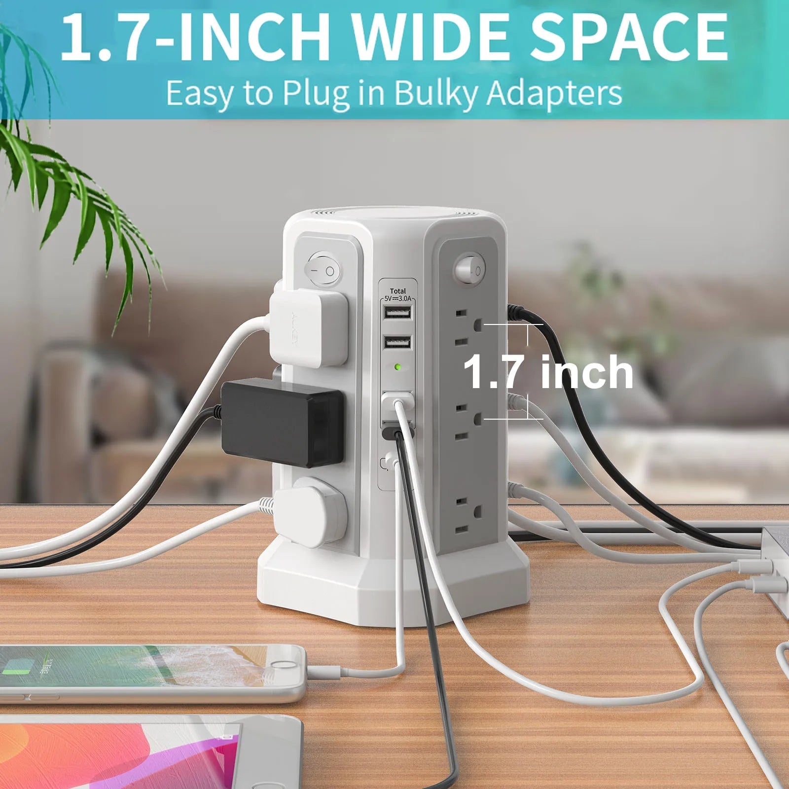10FT Extension Cord with 12 AC Outlets 5 USB Charging Ports(1 USB C PD18W) PASSUS Surge Protector Power Strip Tower Techelectronicx