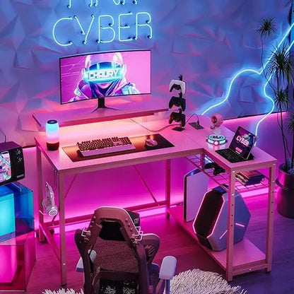 "pink gaming desk with power outlets and led lighting, compact 42" desk with reversible shelves, l-shaped desk with headset hold TechElect