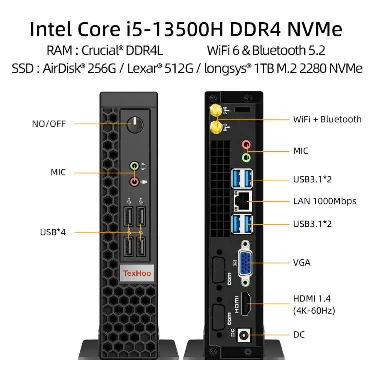 TexHoo Mini PC Gaming Computer Intel Core i5 13500H AMD R7 5800H Processor ITX Windows 11 Pro 10 System Unit DDR4 NVMe WiFi Techelectronicx