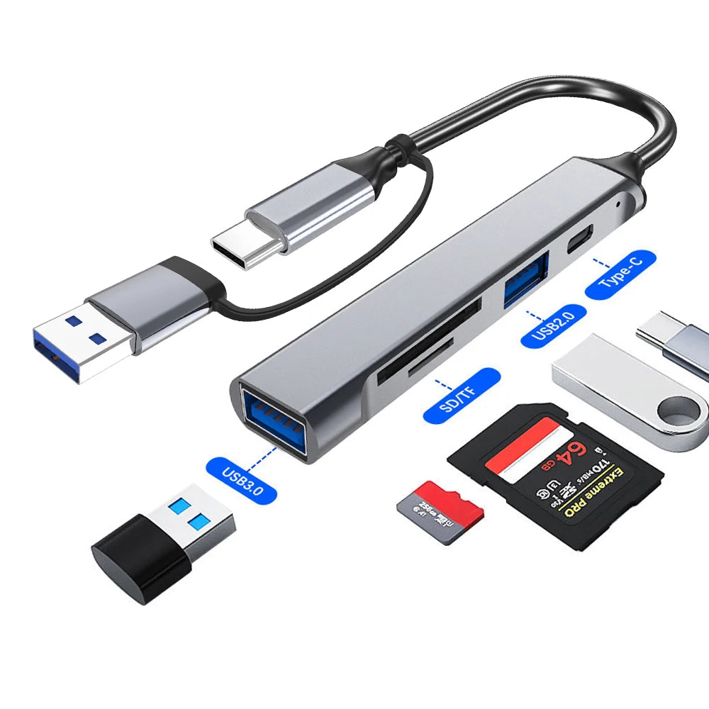 [5-in-1 USB Hub] 5-in-1 Hub with USB Converter | Supports OTG + Phone, Computer, Laptop, USB Flash Drive, SD Card Data Transfer Techelectronicx