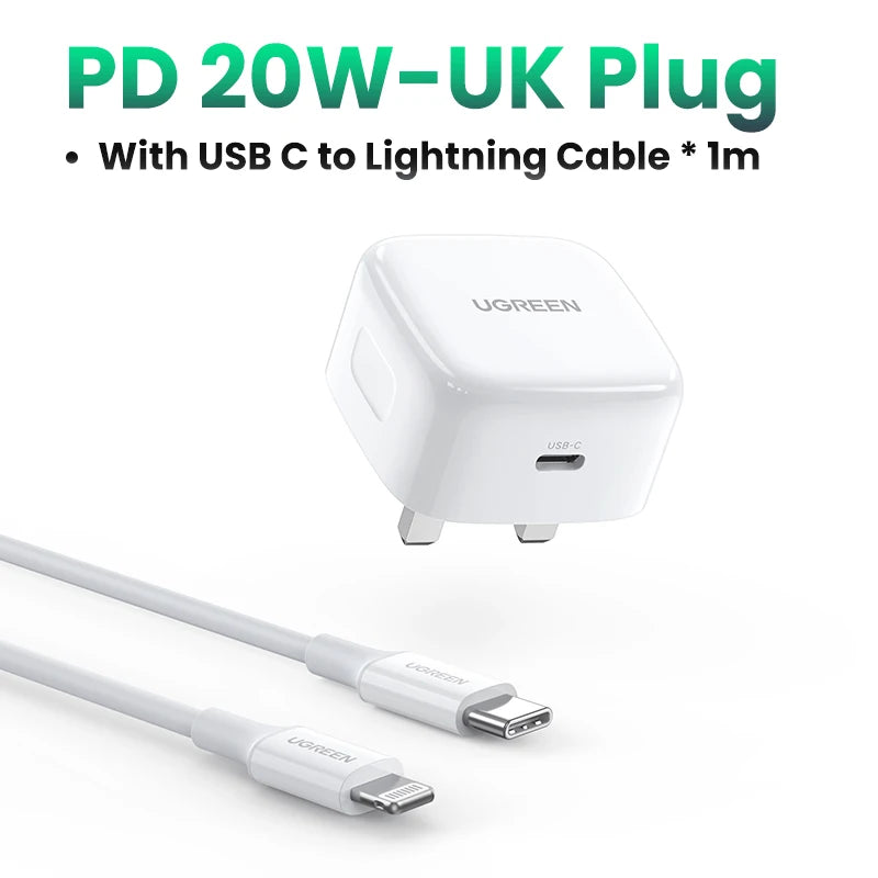 【UK Plug】UGREEN Quick Charge 4.0 3.0 QC PD Charger 20W USB Type C Fast Charger for iPhone 15 14 13 Pro Xiaomi Phone PD Charger Techelectronicx