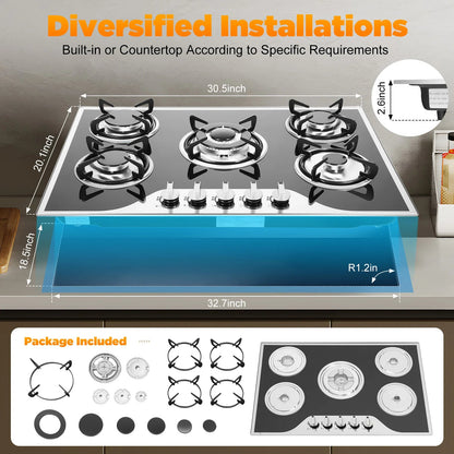 ﻿ ﻿ 5 Burner Gas Stove Glass 5-Burner Gas Hob Cooktop Hob LPG/NG for Home Commercial Kitchen Techelectronicx