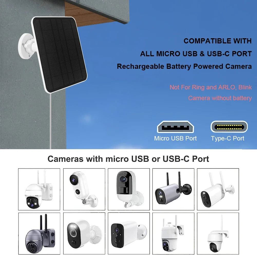 10W 5V Solar Panel Micro USB & USB-C Port Solar Charging Panel 9.8 Ft Charging Cable for Security Camera for Eufycam 3C/2C/2 Pro TechElect