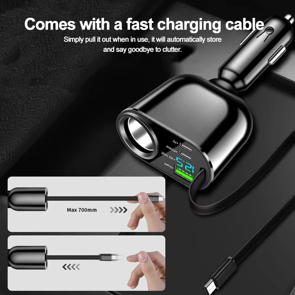 120/90/66W Car Charger Car Super Fast Charge Flash Charging, Telescopic Cable 4 in 1 Car Charger 2 USB Ports Adapter Compatible Techelectronicx