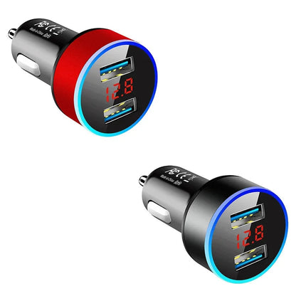 1/2pcs Car Charger, Cigarette Lighter, Smartphone Adapter, Phone Charger, Dual USB Digital Display, Voltmeter, Fast Charging Techelectronicx