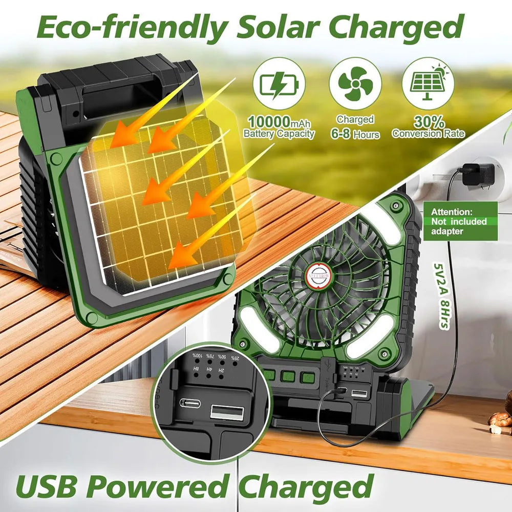 10000mAh Solar Powered Portable Camping LED Lantern With Fan 4 Speeds Powerful Wind Rechargeable Battery Operated 90° Folding Techelectronicx