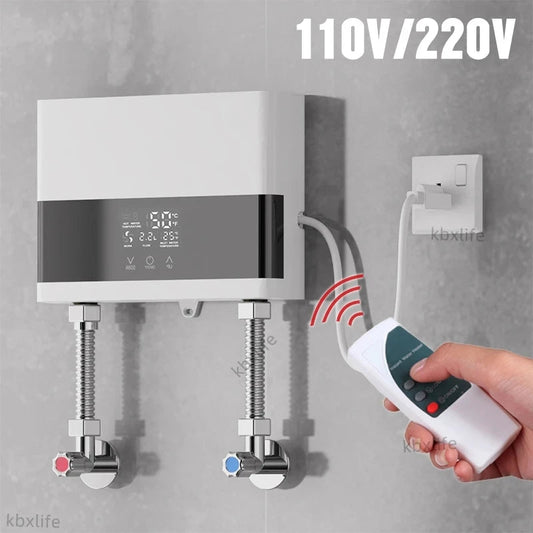 110V/220V Instant Water Heater Bathroom Kitchen Wall Mounted Electric Water Heater with Remote Control LCD Temperature Display Techelectronicx