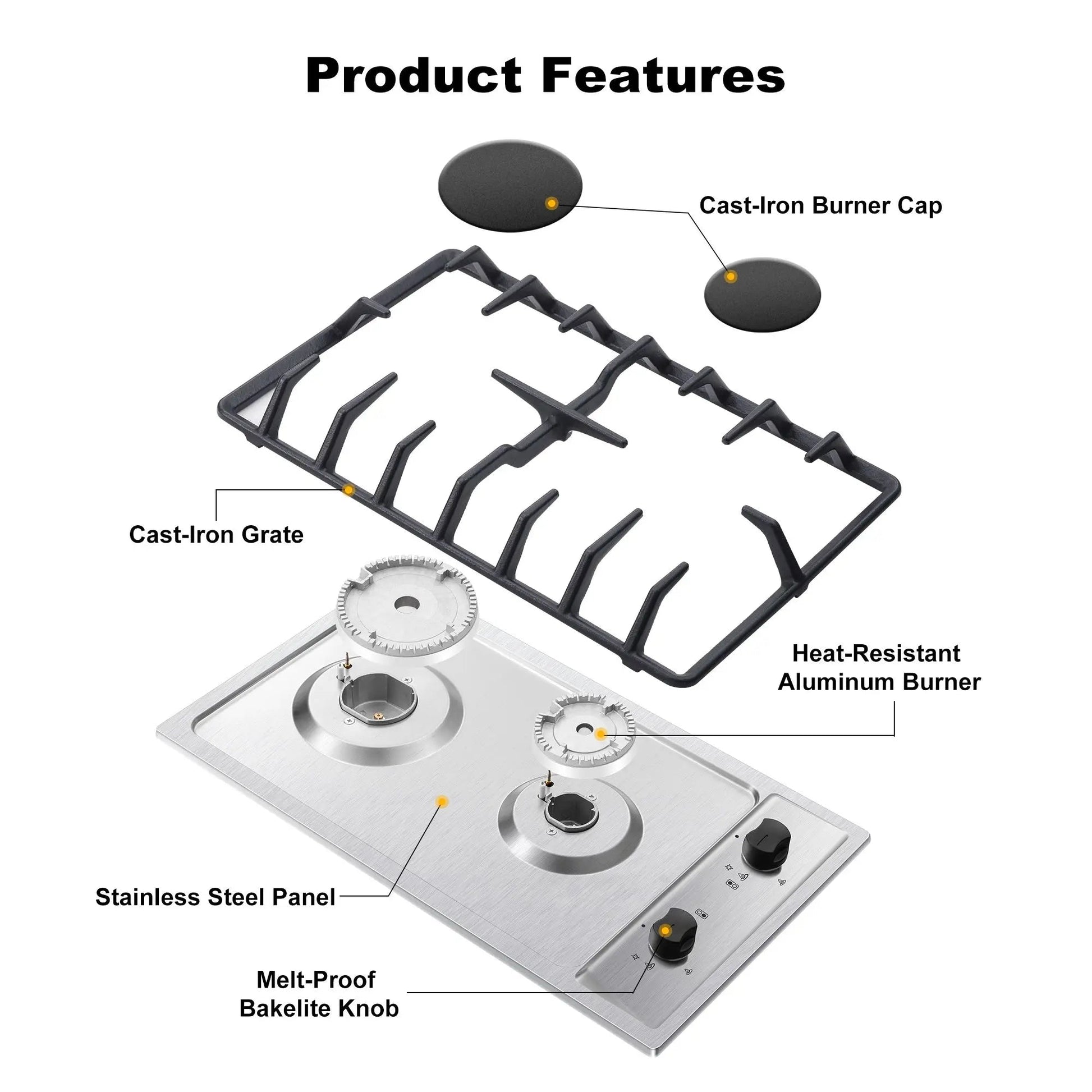 12 Inch 2-Burner Dual Fuel NG/LPG Gas Stove | Built-in for RV, Camping & Kitchen | Thermocouple Protection | Stainless Steel Techelectronicx