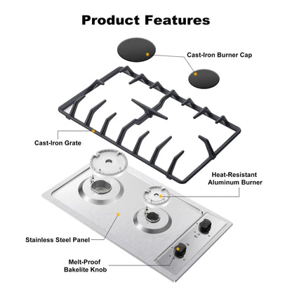 12 Inch 2-Burner Dual Fuel NG/LPG Gas Stove | Built-in for RV, Camping & Kitchen | Thermocouple Protection | Stainless Steel Techelectronicx