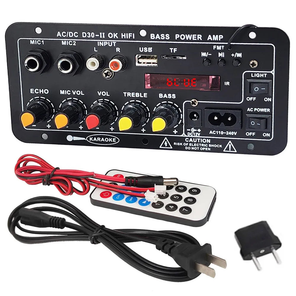 110V 220V 12V Digital Bluetooth Amplifier Board Subwoofer Dual Microphone Karaoke Amp Speaker Home Theater DIY 30W Techelectronicx
