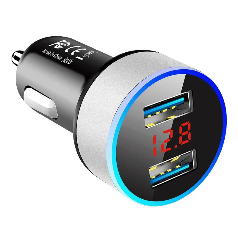 1/2pcs Car Charger, Cigarette Lighter, Smartphone Adapter, Phone Charger, Dual USB Digital Display, Voltmeter, Fast Charging Techelectronicx