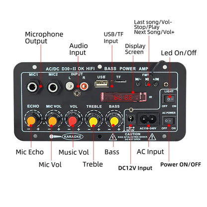 110V 220V 12V Digital Bluetooth Amplifier Board Subwoofer Dual Microphone Karaoke Amp Speaker Home Theater DIY 30W Techelectronicx