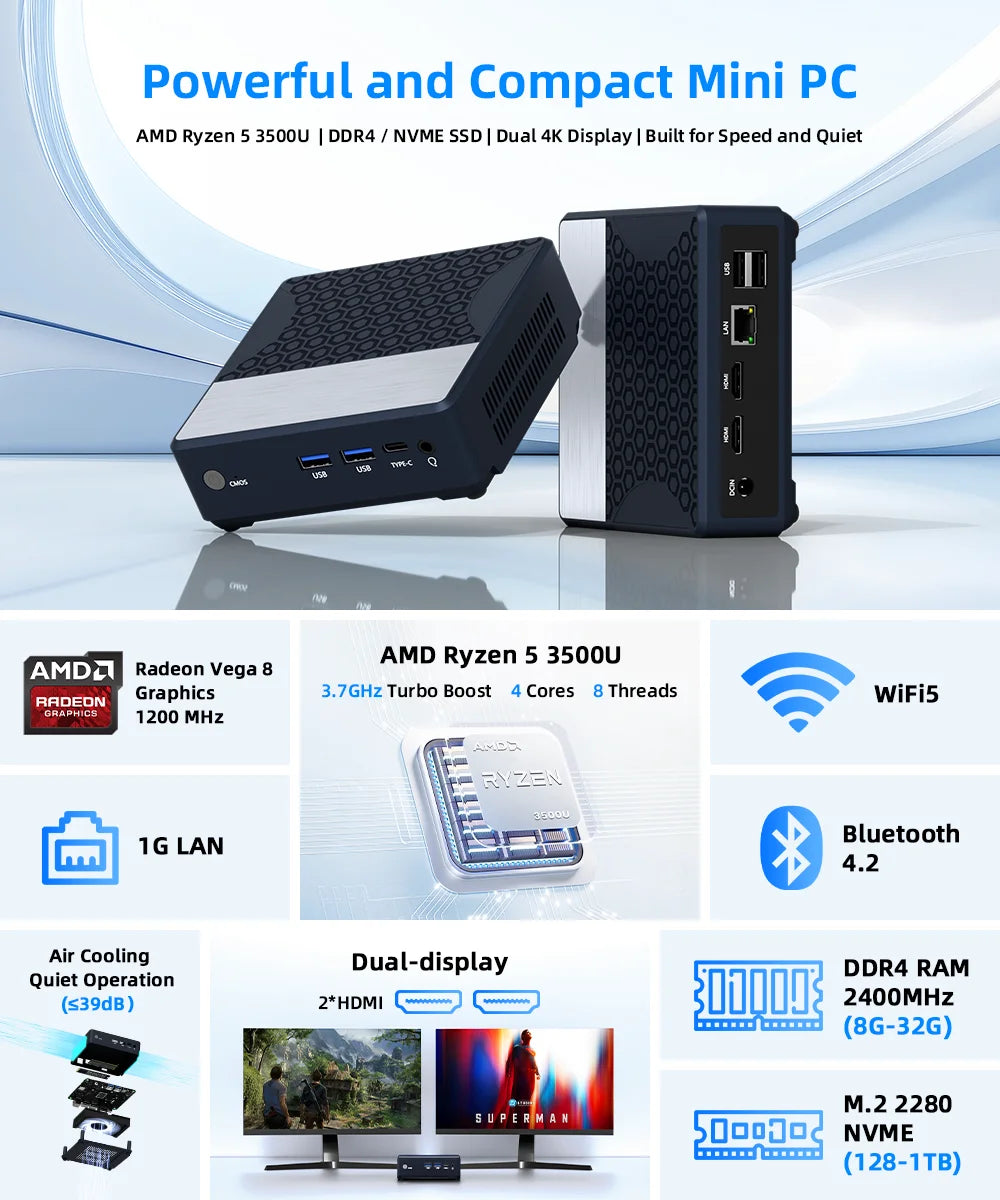 ZXIPC Mini PC AMD Ryzen 5 3500U 16GB DDR4 500GB SSD NVME Wifi5 BT4.2 Windows 11 Triple Display Desktop DIY Gamer Computer TechElect