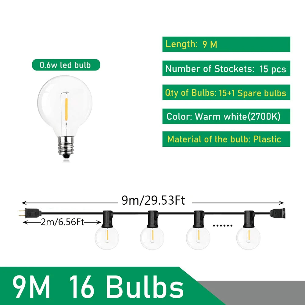 110V/220V Outdoor String Lights LED G40 Festoon Fairy Patio Garland Lamp Wedding Street Camping Garden Party Decoration Lights Techelectronicx