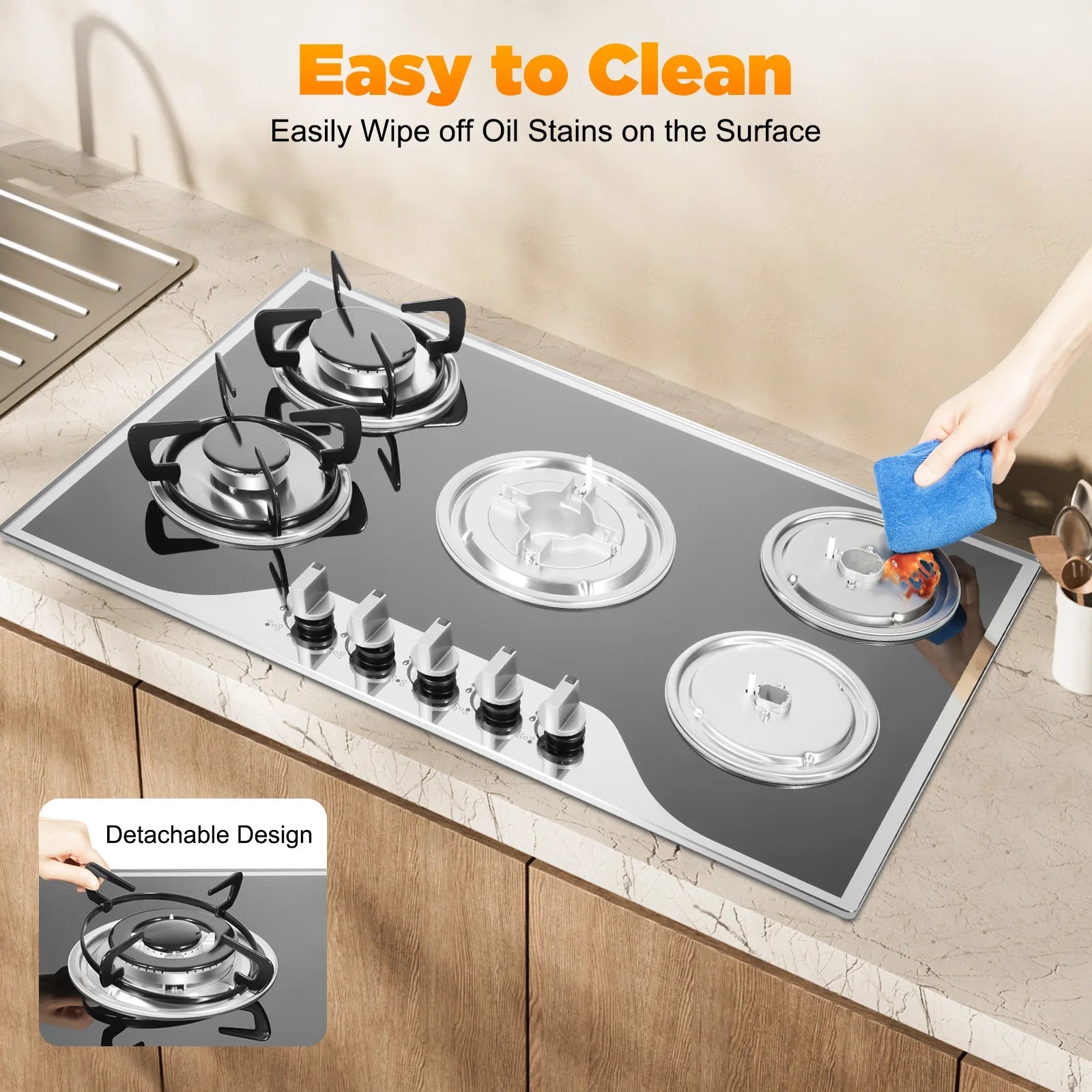 ﻿ ﻿ 5 Burner Gas Stove Glass 5-Burner Gas Hob Cooktop Hob LPG/NG for Home Commercial Kitchen Techelectronicx