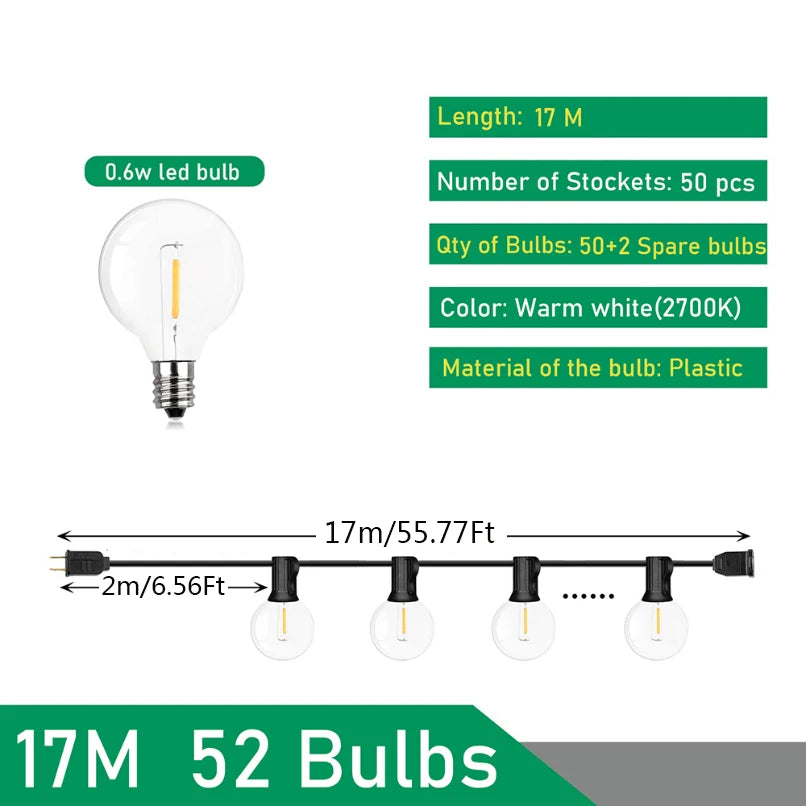 110V/220V Outdoor String Lights LED G40 Festoon Fairy Patio Garland Lamp Wedding Street Camping Garden Party Decoration Lights TechElect