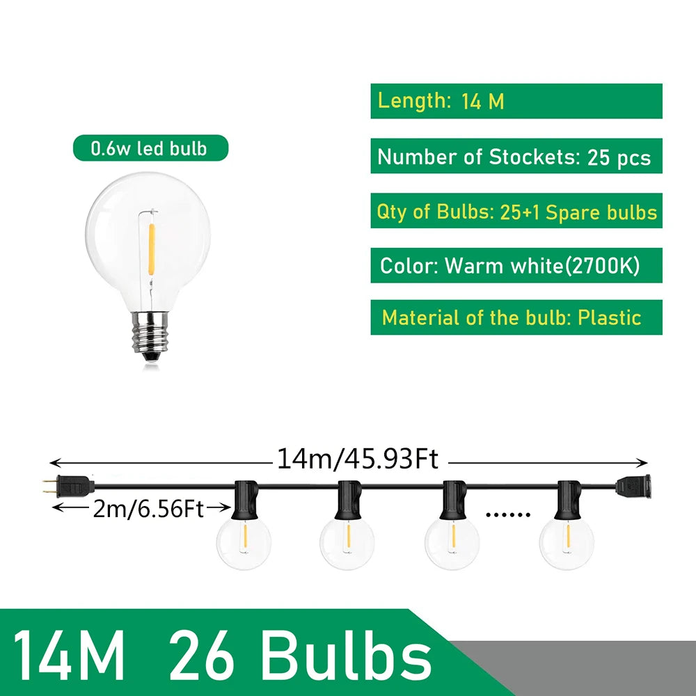 110V/220V Outdoor String Lights LED G40 Festoon Fairy Patio Garland Lamp Wedding Street Camping Garden Party Decoration Lights Techelectronicx