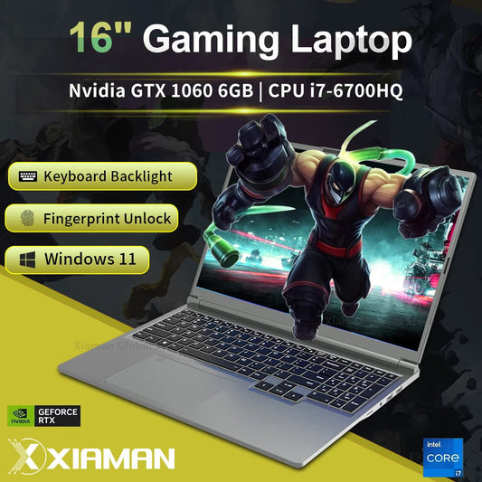 Xiaman 16 inch Gaming Laptop intel Core i7-6700HQ GTX 1060 IPS 1920*1200 Notebook PC 16GB RAM 1TB SSD Windows 11 Laptop Computer Techelectronicx