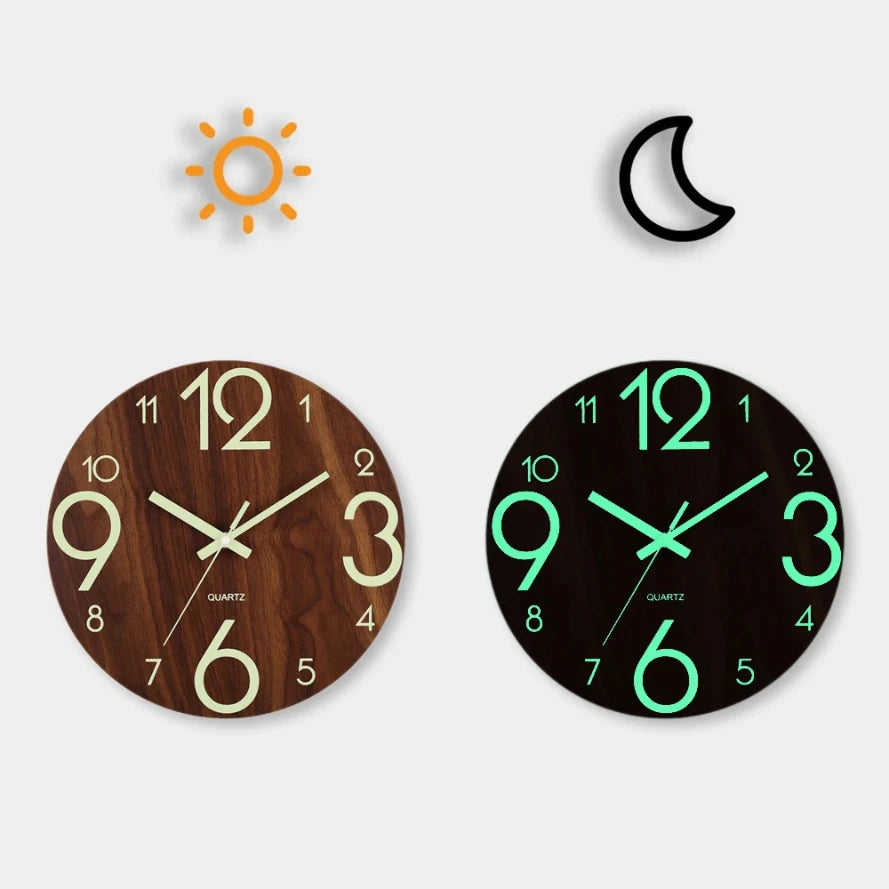 12 Inch Wooden Wall Clock with Soft Glow Night Light Nordic Fashion Silent NonTicking for Bedroom Techelectronicx