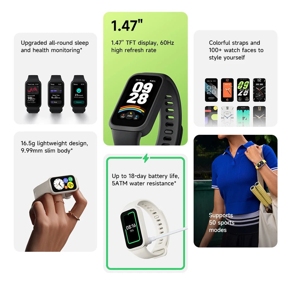 Xiaomi Mi Band 9 Active Global Version Smart Bracelet 9 Color 1.47" TFT Display 50+ Sport Modes Blood Oxygen Monitor Wristband Techelectronicx