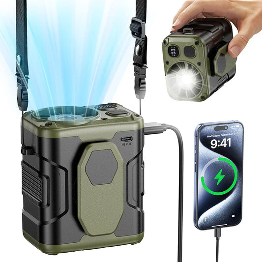 10000mAh Portable Waist Fan with Power Bank LED Lighting Hanging Neck Fan 5 Speed Strong Airflow Cooling Fan for Outdoor Working Techelectronicx