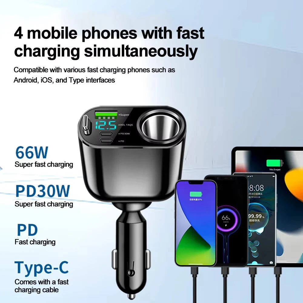 120/90/66W Car Charger Car Super Fast Charge Flash Charging, Telescopic Cable 4 in 1 Car Charger 2 USB Ports Adapter Compatible Techelectronicx