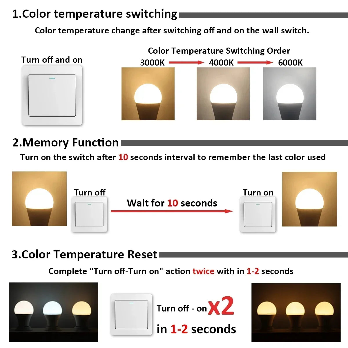 1-20pcs LED 3 Color Adjusted 3CCT（3000K 4000K 6000K）Bulb AC110V 220V E27 B22 Base Light Bulb  Memory Function Color Temp Reset Techelectronicx