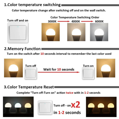 1-20pcs LED 3 Color Adjusted 3CCT（3000K 4000K 6000K）Bulb AC110V 220V E27 B22 Base Light Bulb  Memory Function Color Temp Reset Techelectronicx