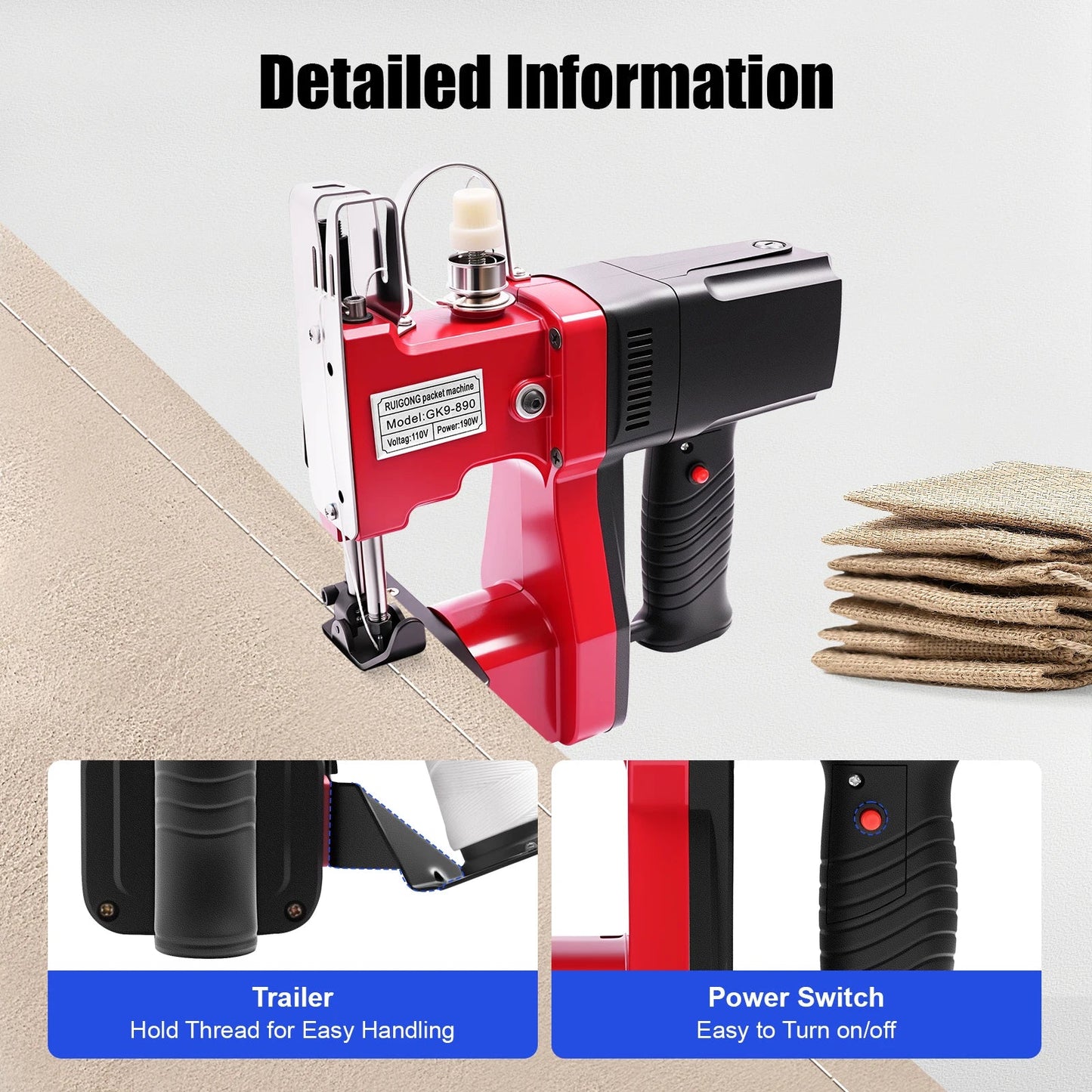 110V Portable Electric Stitching Machine Leather Canvas Sewing Machine Bag Stitching Closer Maximum Thickness 6mm 15000 RPM TechElect