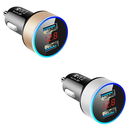 1/2pcs Car Charger, Cigarette Lighter, Smartphone Adapter, Phone Charger, Dual USB Digital Display, Voltmeter, Fast Charging Techelectronicx